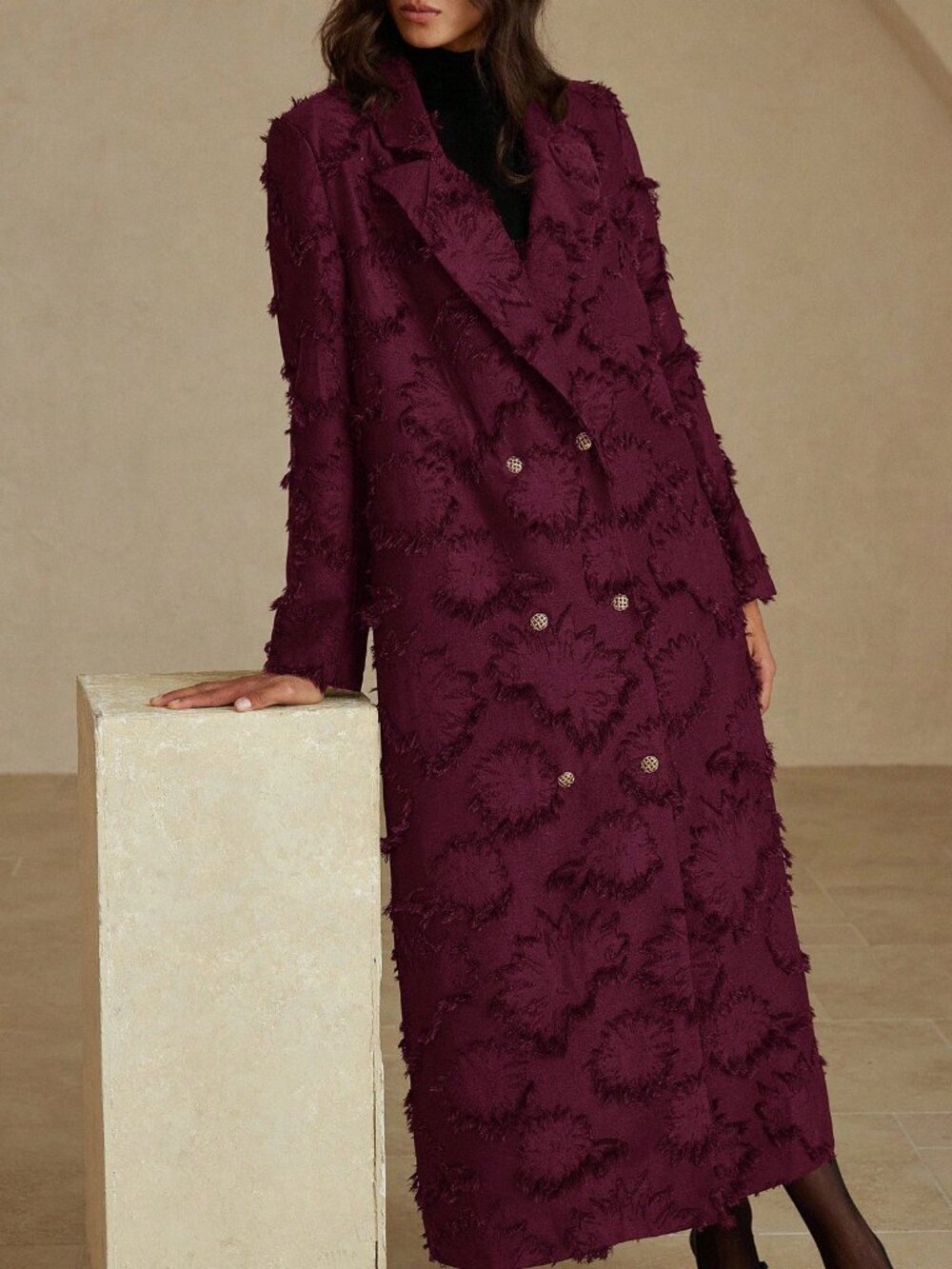 Burgundy Elegant Women's Thick 3D Embroidered Windbreaker Suit Jacket - Picture 4 of 7